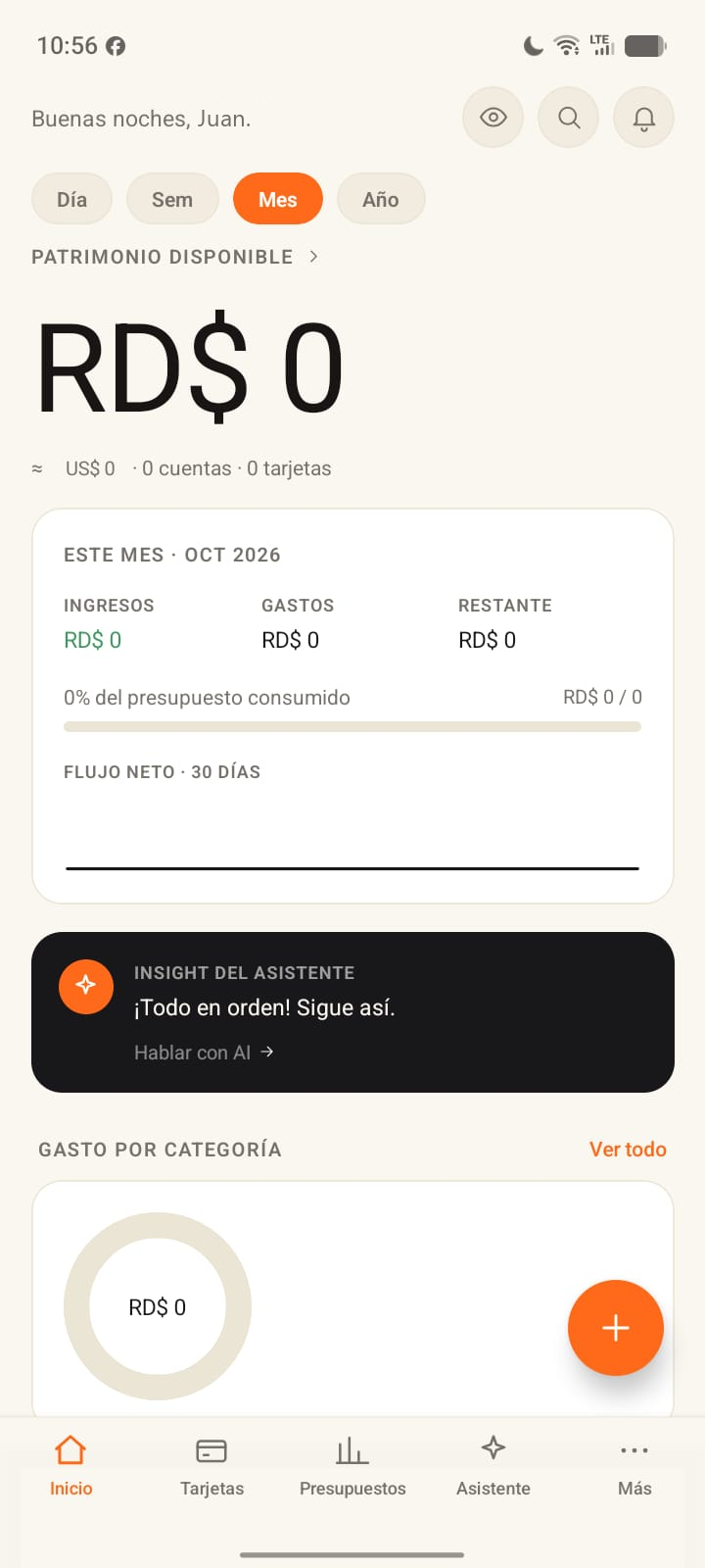 Pantalla de inicio de la app con el patrimonio disponible, ingresos, gastos y gasto por categoría