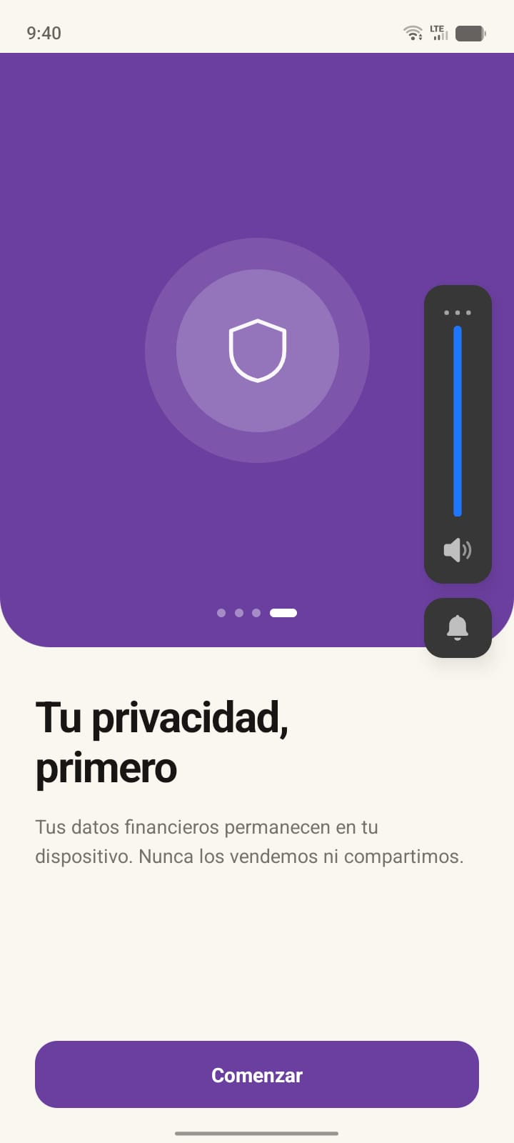 Pantalla de la app que destaca que los datos financieros permanecen en el dispositivo